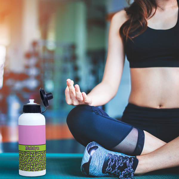 Pink & Lime Green Leopard Aluminum Water Bottle - White LIFESTYLE