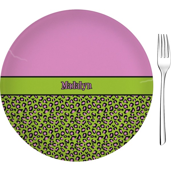 Custom Pink & Lime Green Leopard 8" Glass Appetizer / Dessert Plates - Single or Set (Personalized)
