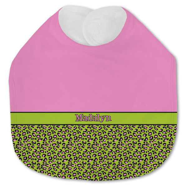 Custom Pink & Lime Green Leopard Jersey Knit Baby Bib w/ Name or Text