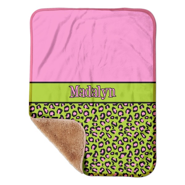 Custom Pink & Lime Green Leopard Sherpa Baby Blanket - 30" x 40" w/ Name or Text