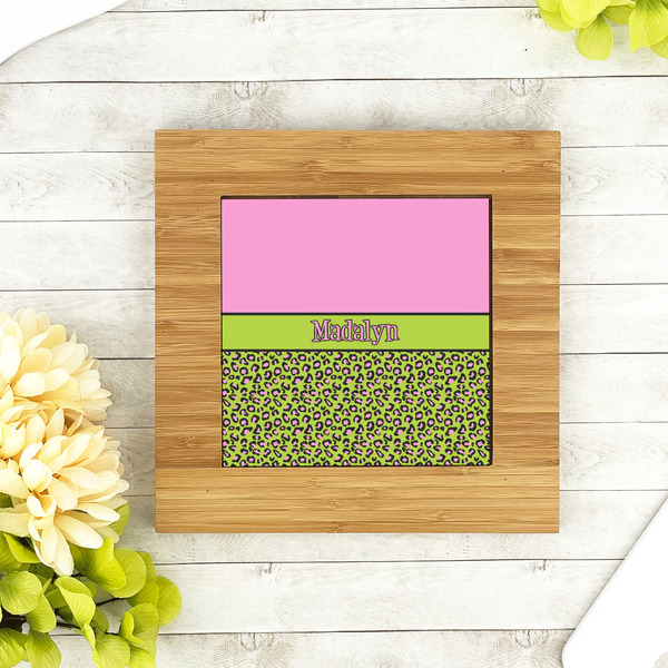 Pink & Lime Green Leopard Bamboo Trivet with 6" Tile - LIFESTYLE
