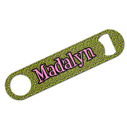 Pink & Lime Green Leopard Bar Bottle Opener - White w/ Name or Text