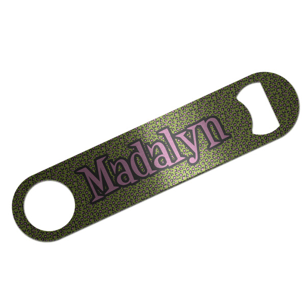 Pink & Lime Green Leopard Bar Opener - Silver - Front
