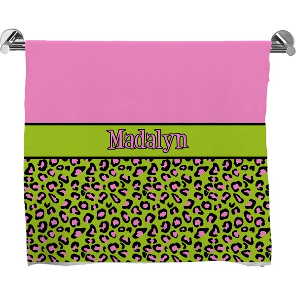 Custom Pink & Lime Green Leopard Bath Towel (Personalized)