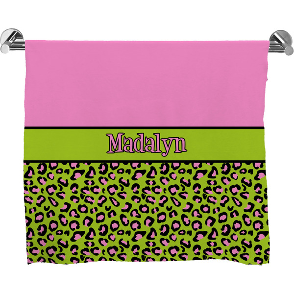 Custom Pink & Lime Green Leopard Bath Towel (Personalized)