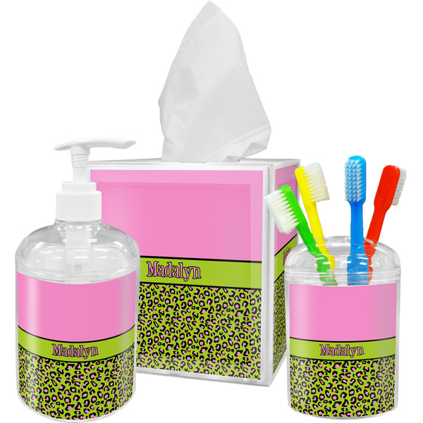 Custom Pink & Lime Green Leopard Acrylic Bathroom Accessories Set w/ Name or Text