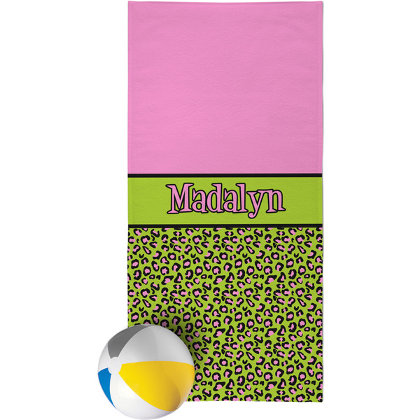Custom Pink & Lime Green Leopard Beach Towel (Personalized)