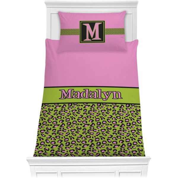 Custom Pink & Lime Green Leopard Comforter Set - Twin (Personalized)