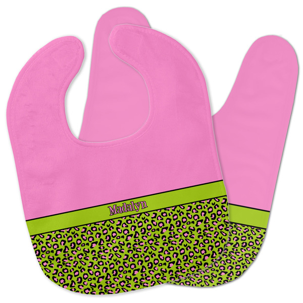 Custom Pink & Lime Green Leopard Baby Bib w/ Name or Text