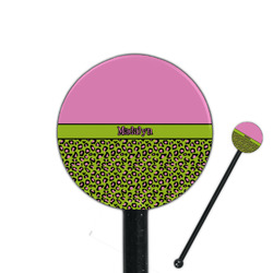 Pink & Lime Green Leopard 5.5" Round Plastic Stir Sticks - Black - Single Sided (Personalized)