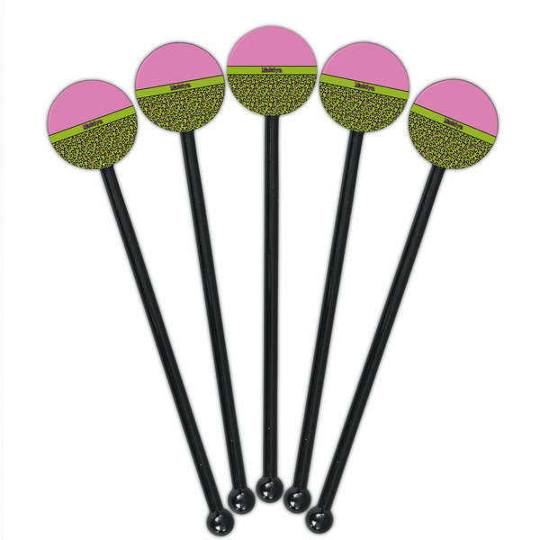 Pink & Lime Green Leopard Black Plastic 5.5" Stir Stick - Round - Fan View