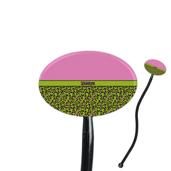 Custom Pink & Lime Green Leopard 7" Oval Plastic Stir Sticks - Black - Single Sided (Personalized)