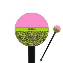 Pink & Lime Green Leopard 7" Round Plastic Stir Sticks - Black - Single Sided (Personalized)