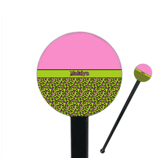 Custom Pink & Lime Green Leopard 7" Round Plastic Stir Sticks - Black - Single Sided (Personalized)