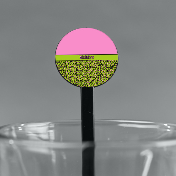 Pink & Lime Green Leopard Black Plastic 7" Stir Stick - Round - Main