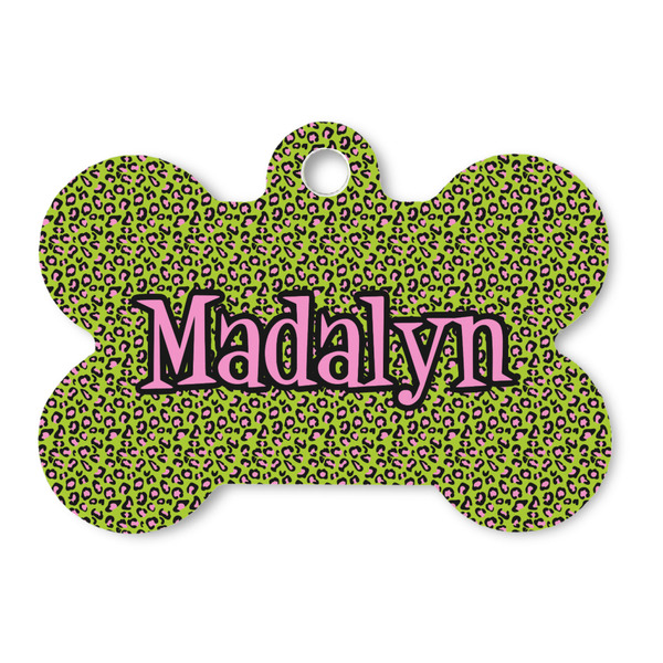 Custom Pink & Lime Green Leopard Bone Shaped Dog ID Tag (Personalized)