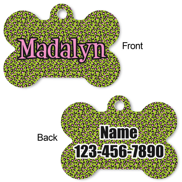 Pink & Lime Green Leopard Bone Shaped Dog Tag - Front & Back