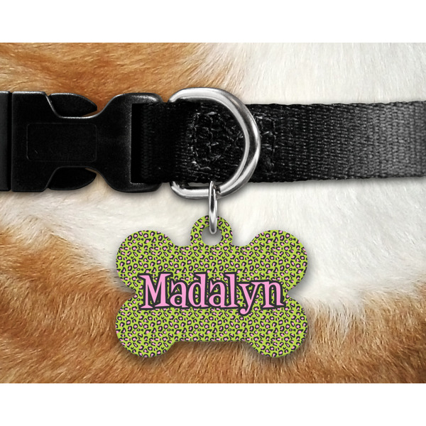 Pink & Lime Green Leopard Bone Shaped Dog Tag on Collar & Dog