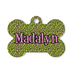 Pink & Lime Green Leopard Bone Shaped Dog ID Tag - Small (Personalized)