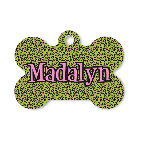 Custom Pink & Lime Green Leopard Bone Shaped Dog ID Tag - Small (Personalized)