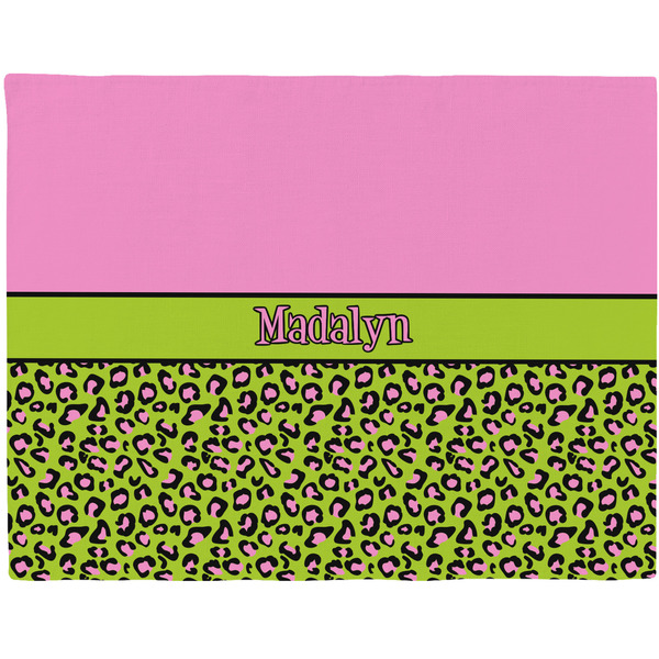 Custom Pink & Lime Green Leopard Woven Fabric Placemat - Twill w/ Name or Text