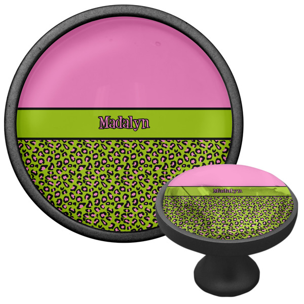 Pink & Lime Green Leopard Cabinet Knob - Black - Multi Angle