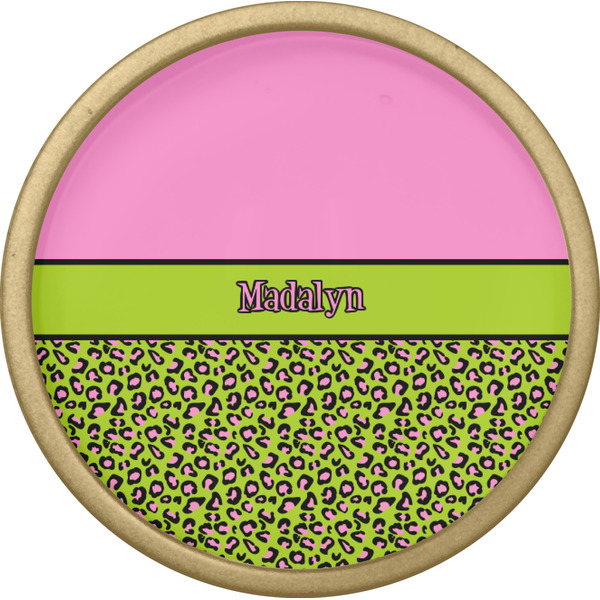 Pink & Lime Green Leopard Cabinet Knob - Gold - Front