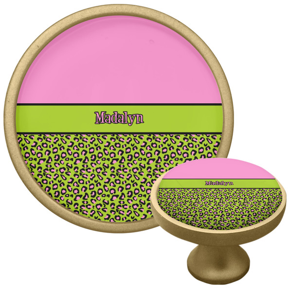 Custom Pink & Lime Green Leopard Cabinet Knob - Gold (Personalized)