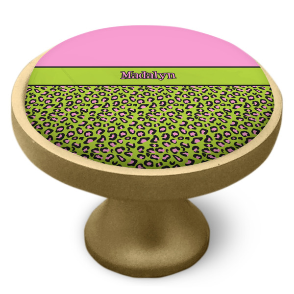 Pink & Lime Green Leopard Cabinet Knob - Gold - Side