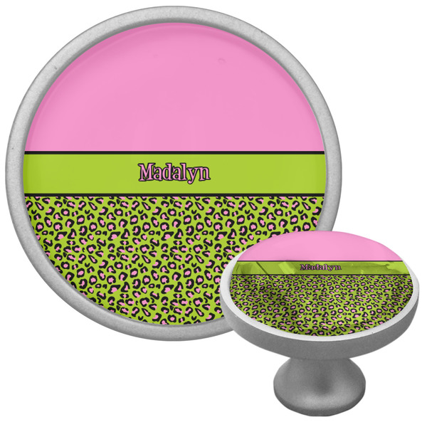 Custom Pink & Lime Green Leopard Cabinet Knob (Silver) (Personalized)