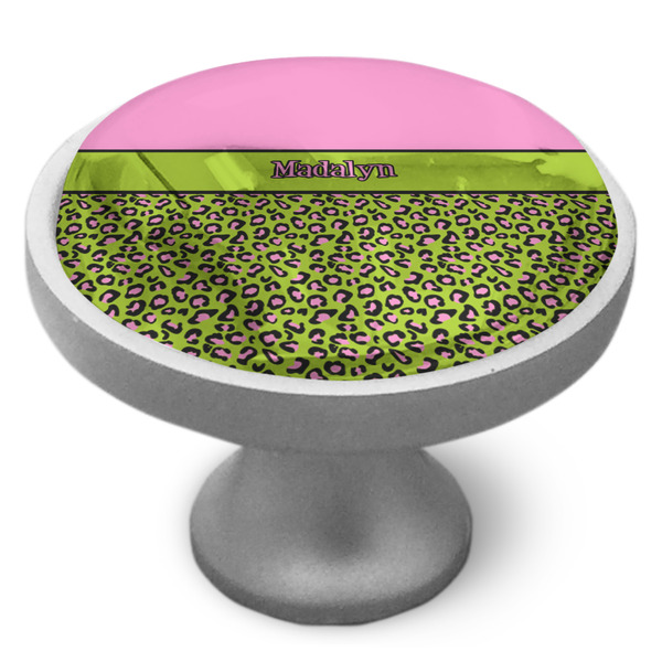 Pink & Lime Green Leopard Cabinet Knob - Nickel - Side