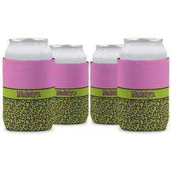 Pink & Lime Green Leopard Can Cooler (12 oz) - Set of 4 w/ Name or Text