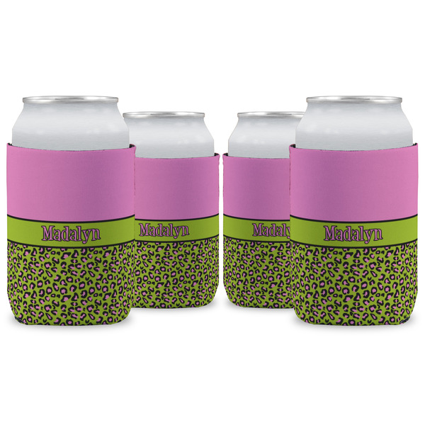 Custom Pink & Lime Green Leopard Can Cooler (12 oz) - Set of 4 w/ Name or Text