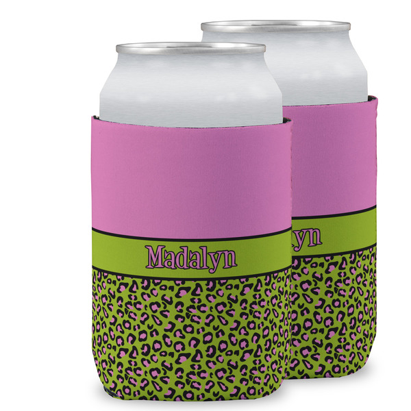 Custom Pink & Lime Green Leopard Can Cooler (12 oz) w/ Name or Text