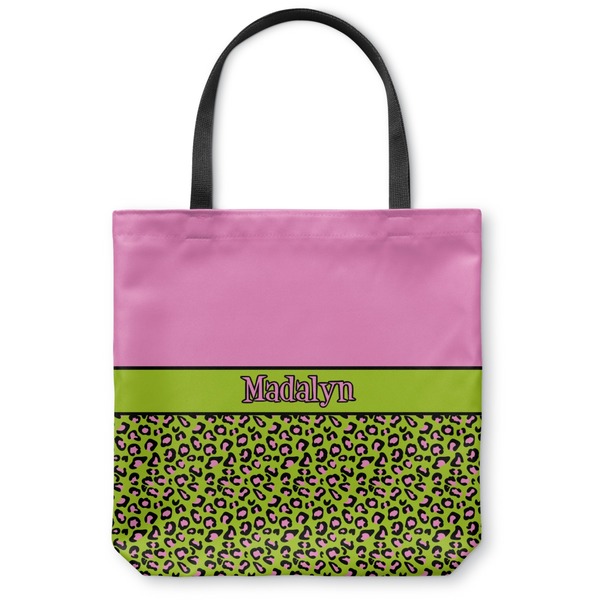 Custom Pink & Lime Green Leopard Canvas Tote Bag - Large - 18"x18" (Personalized)