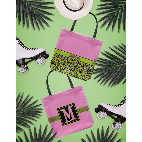 Pink & Lime Green Leopard Canvas Tote Lifestyle Front and Back- 13x13