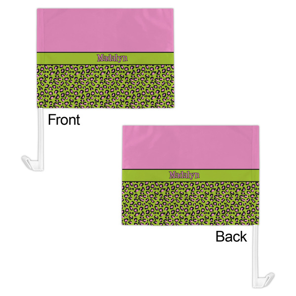 Pink & Lime Green Leopard Car Flag - 11" x 8" - Front & Back View