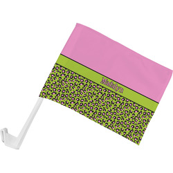 Pink & Lime Green Leopard Car Flag - Small w/ Name or Text