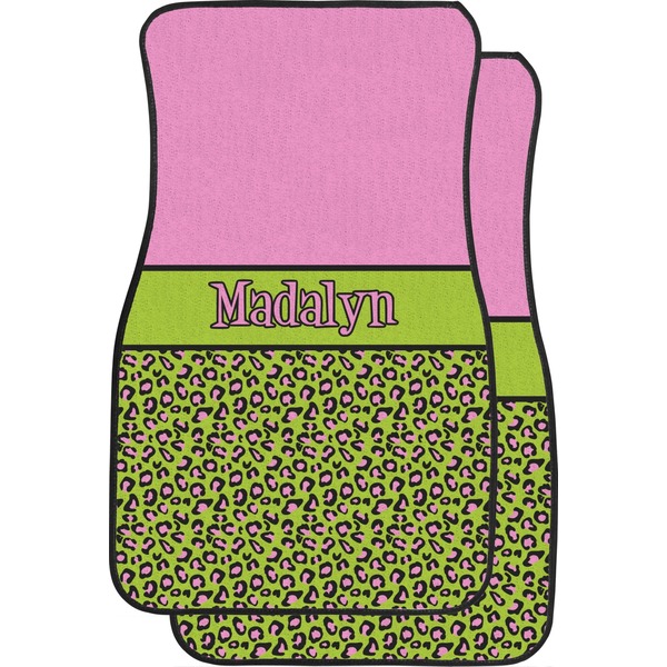 Custom Pink & Lime Green Leopard Car Floor Mats (Front Seat) (Personalized)
