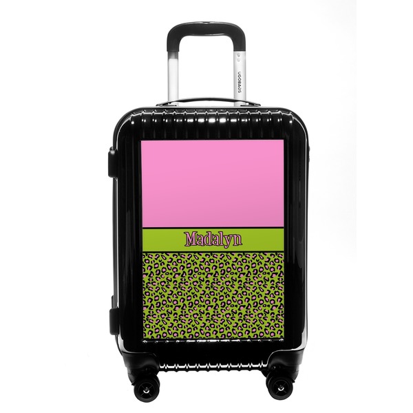 Custom Pink & Lime Green Leopard Carry On Hard Shell Suitcase (Personalized)
