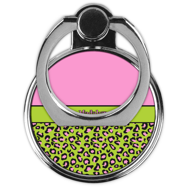 Pink & Lime Green Leopard Cell Phone Ring Stand & Holder - Front (Collapsed)