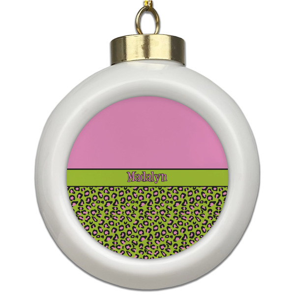Custom Pink & Lime Green Leopard Ceramic Ball Ornament (Personalized)