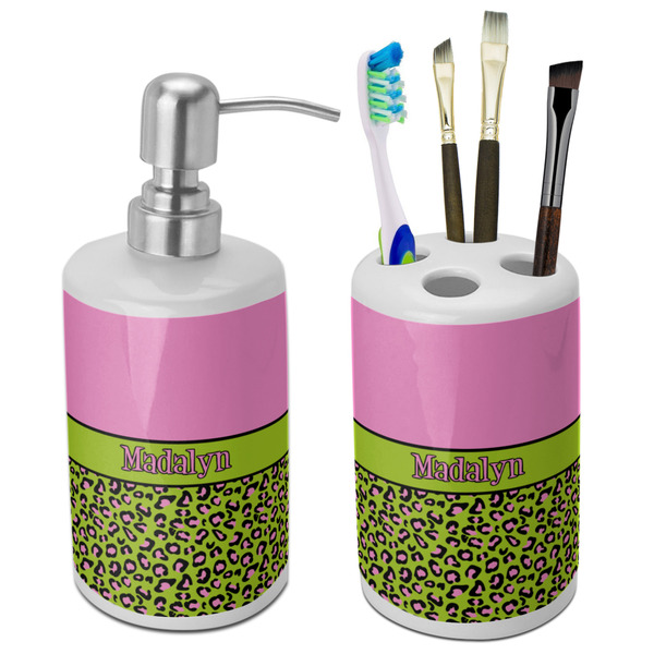 Custom Pink & Lime Green Leopard Ceramic Bathroom Accessories Set (Personalized)
