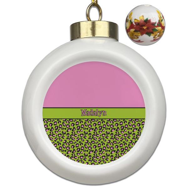 Custom Pink & Lime Green Leopard Ceramic Ball Ornaments - Poinsettia Garland (Personalized)
