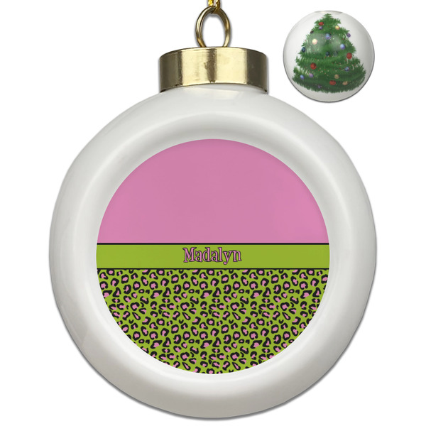 Custom Pink & Lime Green Leopard Ceramic Ball Ornament - Christmas Tree (Personalized)