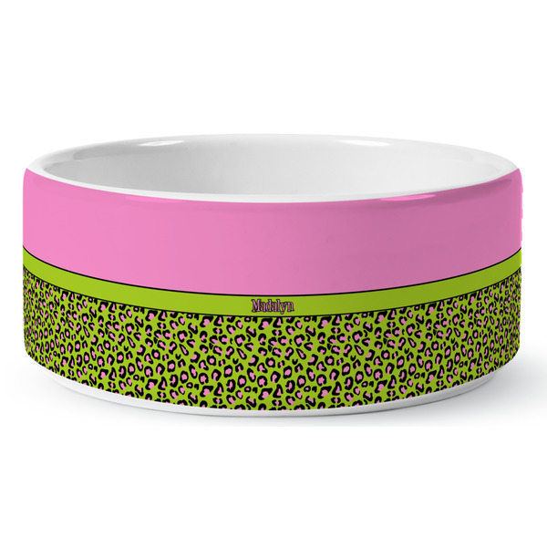 Pink & Lime Green Leopard Ceramic Dog Bowl - Medium - Front