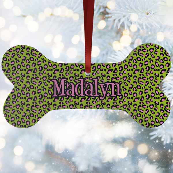 Custom Pink & Lime Green Leopard Ceramic Dog Ornament w/ Name or Text