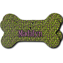 Pink & Lime Green Leopard Ceramic Dog Ornament - Front & Back w/ Name or Text