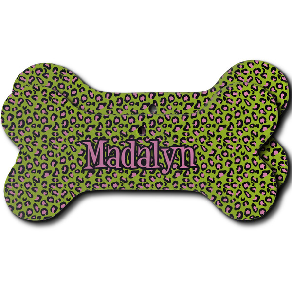 Custom Pink & Lime Green Leopard Ceramic Dog Ornament - Front & Back w/ Name or Text