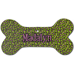 Pink & Lime Green Leopard Ceramic Dog Ornament - Front w/ Name or Text